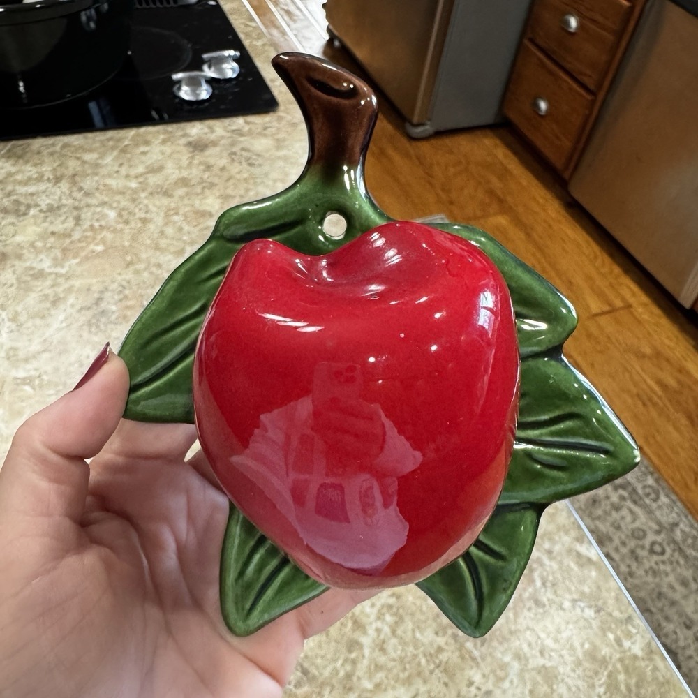 Vintage Red Apple Ceramic Wall Pocket Hanging Treasure Craft California Decor